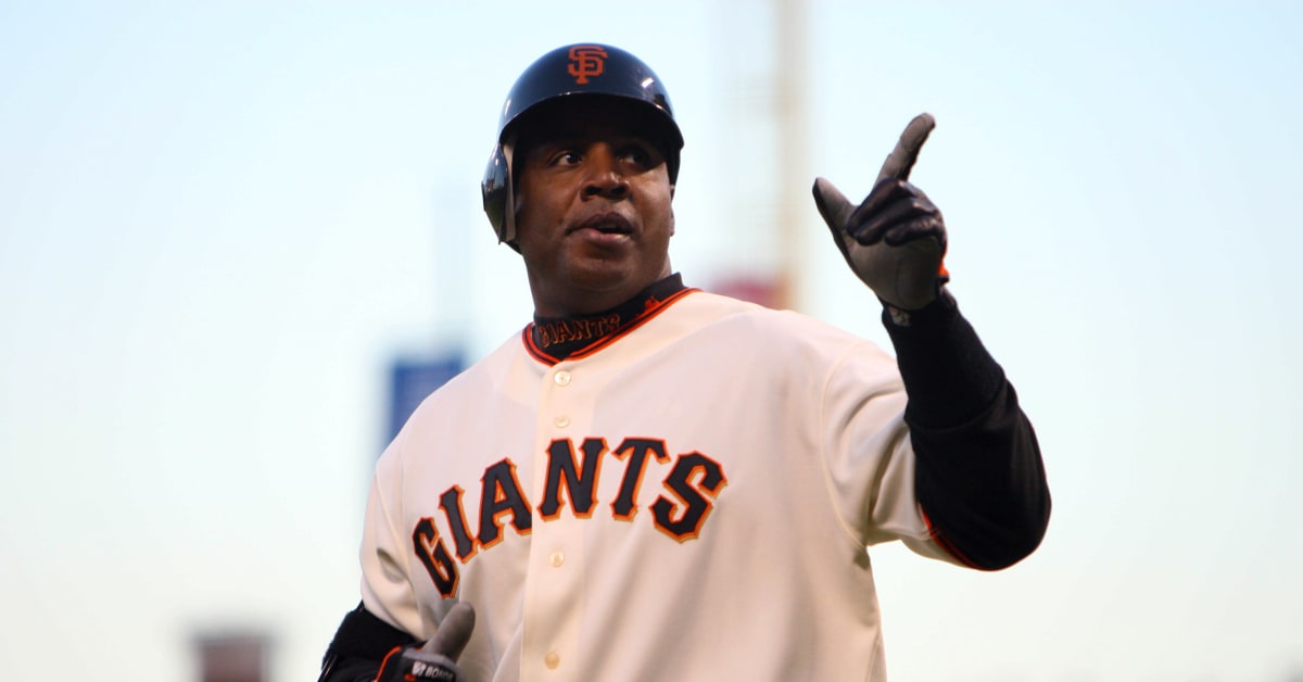 San Francisco Giants Barry Bonds, #25, reacts after getting hit by