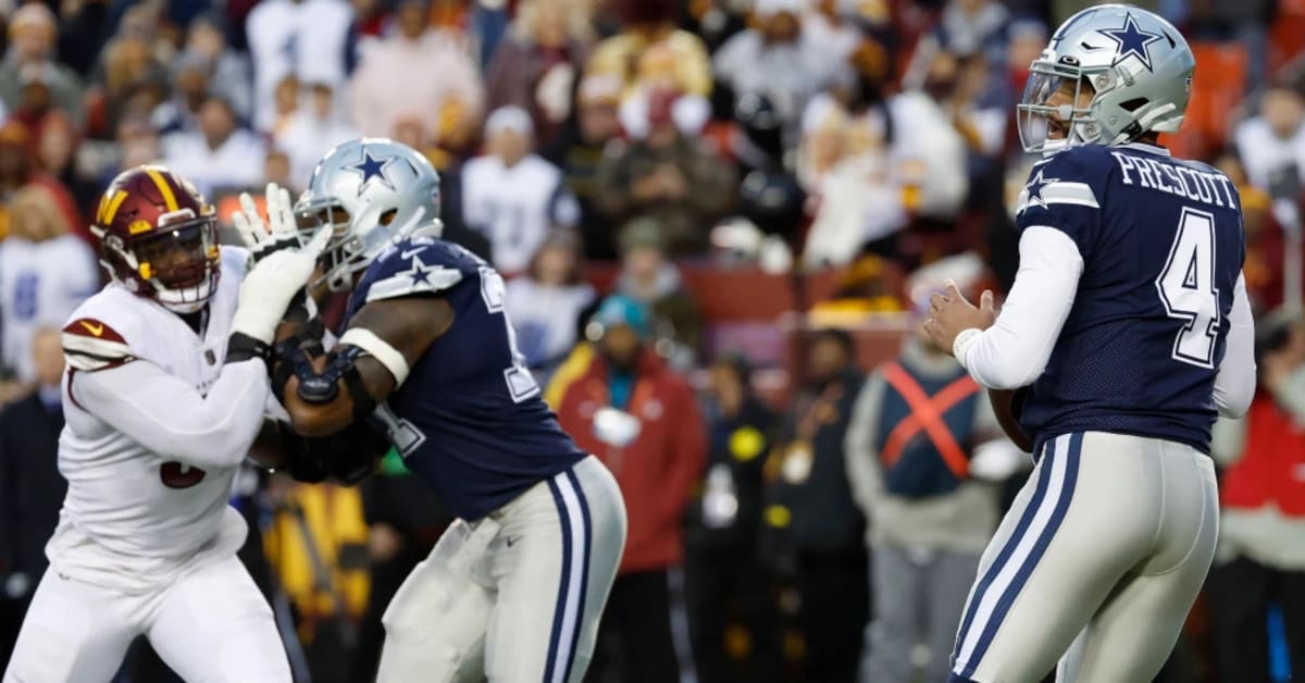 January 8, 2023 : Washington Commanders linebacker Khaleke Hudson (47)  applies pressure to Dallas Cowboys quarterback Dak Prescott (4) during the  game between the Dallas Cowboys and the Washington Commanders in Landover