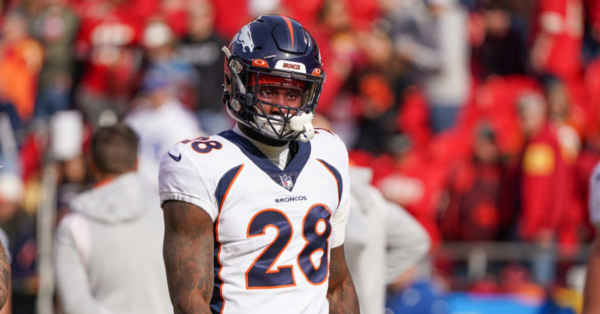 Denver Broncos running back Latavius Murray (28) walks on the sidelines  before the second half of an NFL football game against the Tennessee Titans  Sunday, Nov. 13, 2022, in Nashville, Tenn. (AP