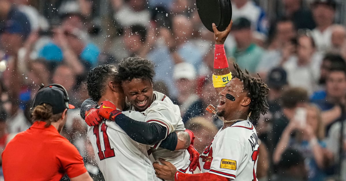 ATLANTA, GA - NOVEMBER 05: Ozzie Albies #1 of the Atlanta Braves and his  girlfriend Andrea during the Celebration at Truist Park on November 5, 2021  in Atlanta, Georgia. (Photo by David