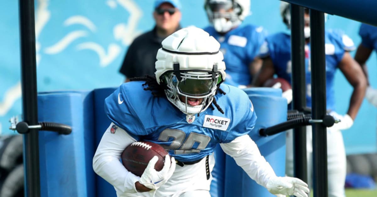 Detroit Lions running back Jahmyr Gibbs (26) warms up before the first half  of a preseason NFL football game between the Detroit Lions and the  Jacksonville Jaguars, Saturday, Aug. 19, 2023, in