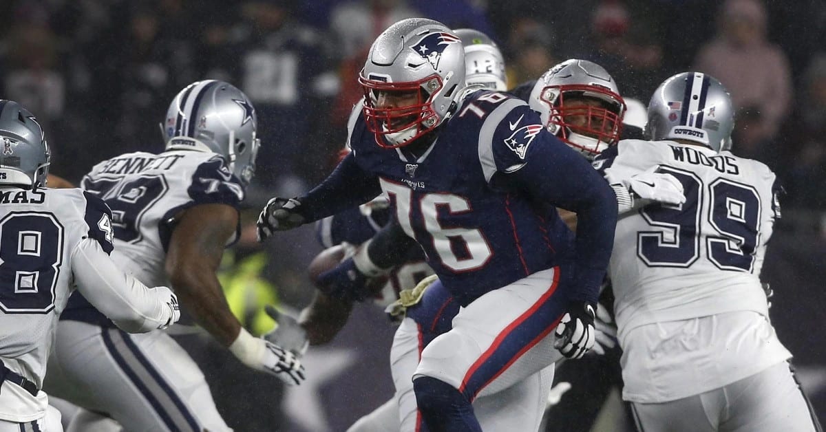 New England Patriots offensive tackle Isaiah Wynn (76) lines up