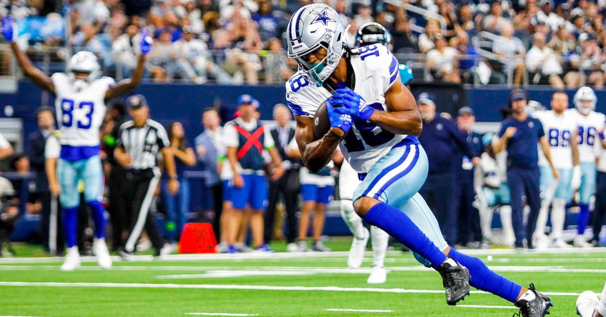 Dallas Cowboys wide receiver Jalen Tolbert (18) makes a touchdown catch  during the first half of an NFL preseason football game against the  Jacksonville Jaguars, Saturday, Aug. 12, 2023, in Arlington, Texas. (