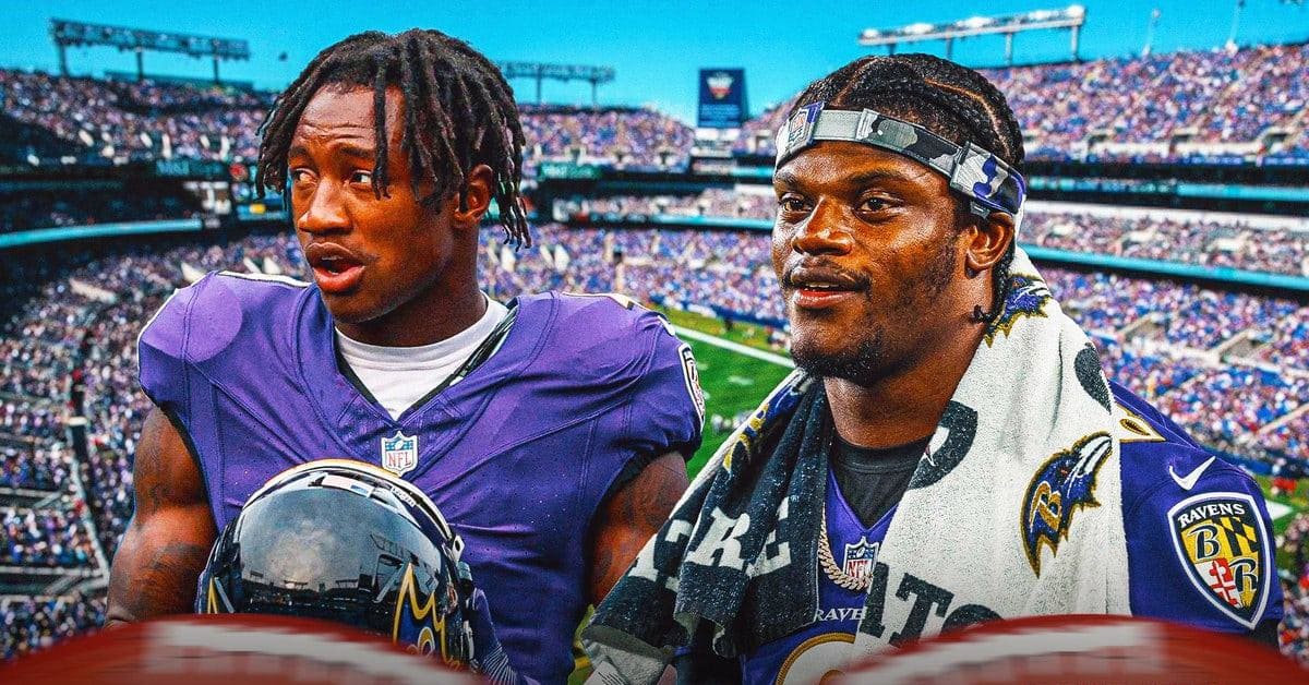 Baltimore Ravens wide receiver Zay Flowers celebrates in quarterback Lamar  Jackson jersey during post-draft party