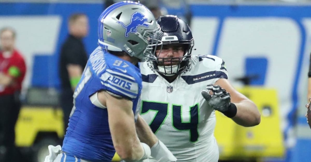 Seattle Seahawks offensive tackle Jake Curhan (74) goes for a block during  an NFL pre-season football game against the Minnesota Vikings, Thursday,  Aug. 10, 2023 in Seattle. (AP Photo/Ben VanHouten Stock Photo 