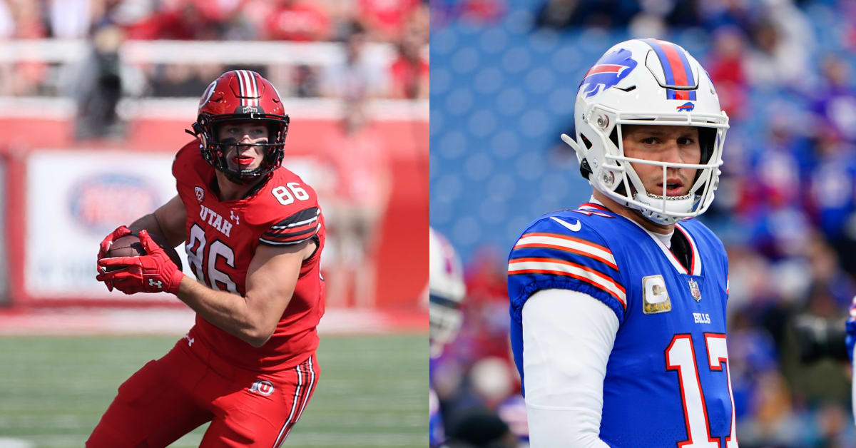 Buffalo Bills tight end Dalton Kincaid reacts to quarterback Josh Allen  reaching out to him after being drafted by Bills