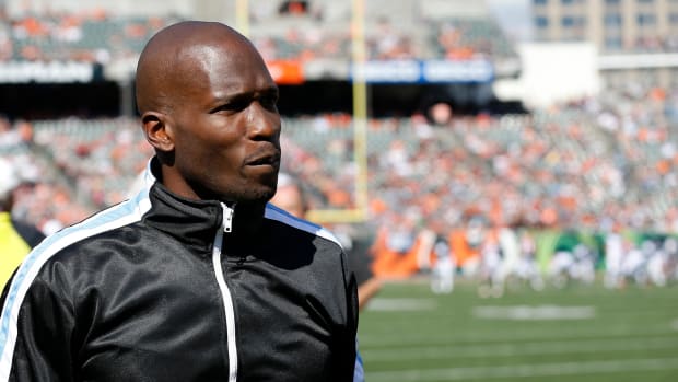 Former Bengals receiver Chad Johnson walks the sideline before the first quarter of the NFL Week 7 game between the Cincinnati Bengals and the Jacksonville Jaguars at Paul Brown Stadium in downtown Cincinnati on Sunday, Oct. 20, 2019. Jacksonville Jaguars At Cincinnati Bengals