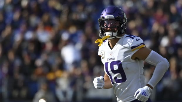 Nov 7, 2021; Baltimore, Maryland, USA; Minnesota Vikings wide receiver Adam Thielen (19) runs on the field during the game against the Baltimore Ravens at M&T Bank Stadium. Mandatory Credit: Tommy Gilligan-USA TODAY Sports