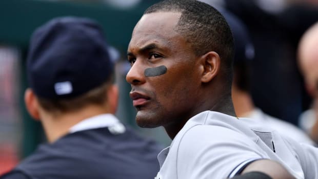 Jun 13, 2021; Philadelphia, Pennsylvania, USA; New York Yankees left fielder Miguel Andujar (41) looks on from the dugout in the sixth inning against the Philadelphia Phillies at Citizens Bank Park.