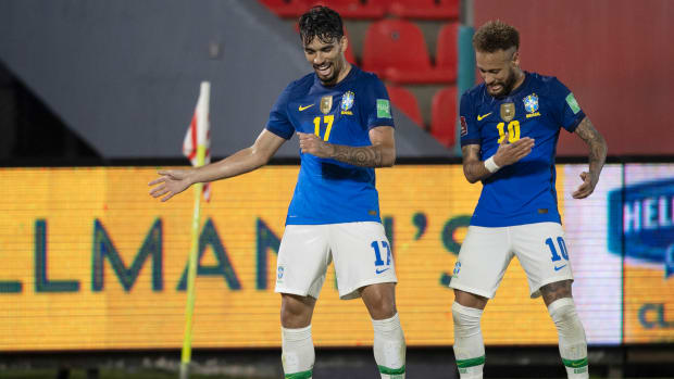 Neymar celebrates Brazil's goal against Paraguay.