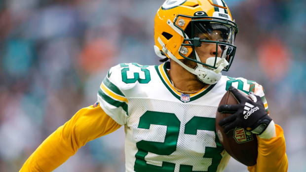 Green Bay Packers cornerback Jaire Alexander (23) defends against