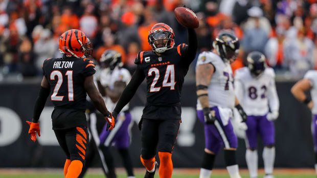 Jan 8, 2023; Cincinnati, Ohio, USA; Cincinnati Bengals safety Vonn Bell (24) reacts after picking up the fumble by the Baltimore Ravens in the second half at Paycor Stadium. Mandatory Credit: Katie Stratman-USA TODAY Sports
