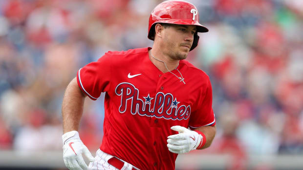 Phillies catcher J.T. Realmuto runs out a play in a Spring Training game.