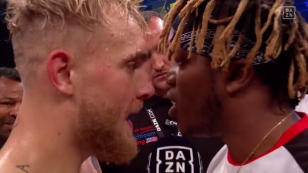 Jake Paul and KSI have a faceoff following a big boxing match on DAZN.