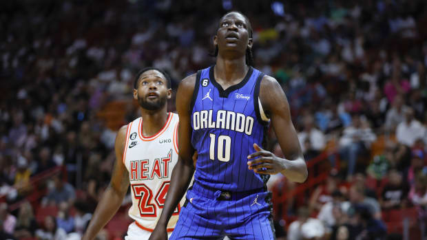 Apr 9, 2023; Miami, Florida, USA; Orlando Magic center Bol Bol (10) looks on during a free throw attempt during the third quarter against the Miami Heat at Kaseya Center.