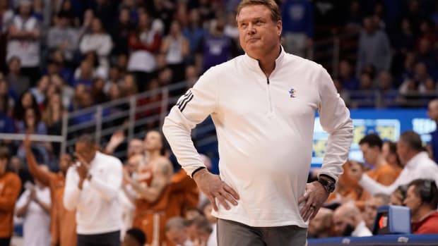 Kansas coach Bill Self reacts to a call in the second half of his team's game against Texas at Allen Fieldhouse.