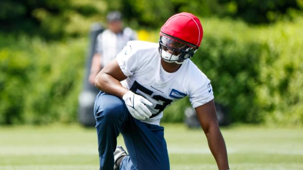 Seattle Seahawks linebacker Boye Mafe (53) participates in an OTA workout at the Virginia Mason Athletic Center.