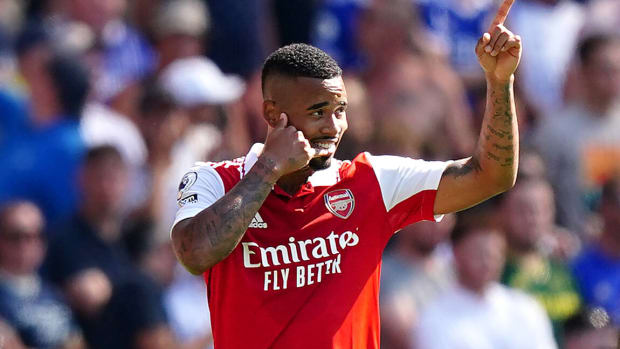 Gabriel Jesus pictured celebrating a goal during Arsenal's 4-2 win over Leicester City in August 2022