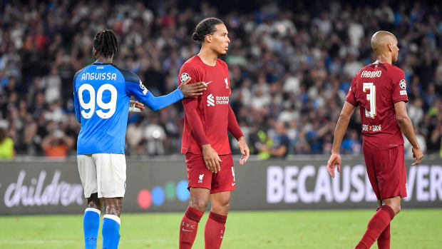 Andre-Frank Zambo Anguissa (left), Virgil van Dijk (center) and Fabinho (right) pictured during Napoli's 4-1 win over Liverpool in September 2022