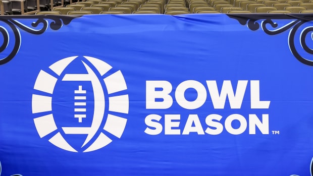 Jan 1, 2022; New Orleans, LA, USA; A detailed view of a banner with the Bowl Season logo before the 2022 Sugar Bowl between the Baylor Bears and the Mississippi Rebels at Caesars Superdome. Mandatory Credit: Stephen Lew-USA TODAY Sports