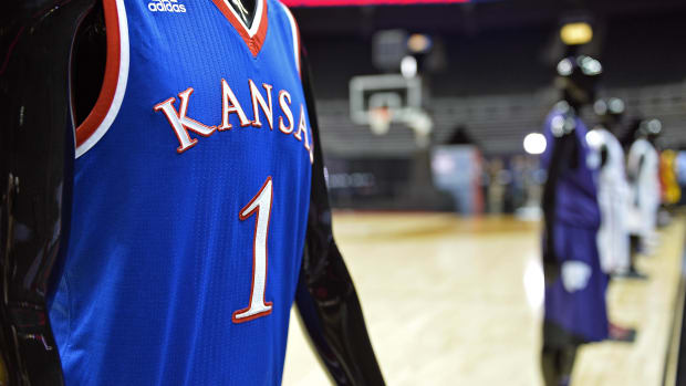 Oct 25, 2016; Kansas City, MO, USA; A general view of a Kansas Jayhawks uniform during the Big 12 Basketball Media Day at the Sprint Center. Mandatory Credit: Peter G. Aiken-USA TODAY Sports