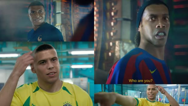 Kylian Mbappe (top left) and 2006 Ronaldinho (top right) pictured meeting in a Nike Football advert that also features 1998 Ronaldo (bottom right) and 2002 Ronaldo (bottom left)