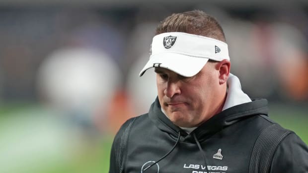 Las Vegas Raiders head coach Josh McDaniels leaves the field after the Raiders were defeated by the Indianapolis Colts 25-20 at Allegiant Stadium.