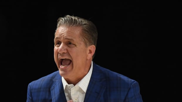 Feb 6, 2024; Nashville, Tennessee, USA; Kentucky Wildcats head coach John Calipari yells at an official during the first half against the Vanderbilt Commodores at Memorial Gymnasium. Mandatory Credit: Christopher Hanewinckel-USA TODAY Sports