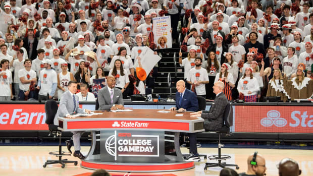 Analysts Rece Davis, from left, LaPhonso Ellis, Seth Greenberg and Jay Bilas during the ESPN College GameDay broadcast before Auburn Tigers take on Alabama Crimson Tide at Neville Arena in Auburn, Ala., on Saturday, Feb. 11, 2023.