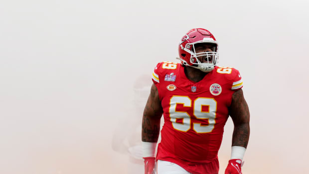 Feb 11, 2024; Paradise, Nevada, USA; Kansas City Chiefs defensive tackle Mike Pennel Jr. (69) runs on the field before Super Bowl LVIII against the San Francisco 49ers at Allegiant Stadium. Mandatory Credit: Kirby Lee-USA TODAY Sports  