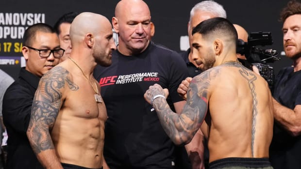 Alexander Volkanovski and Ilia Topuria stare down ahead of their UFC 298 championship fight.