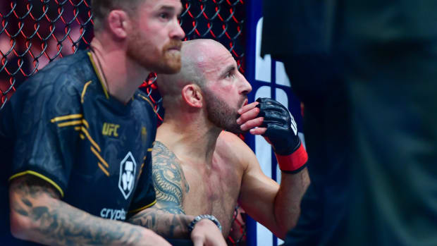 Feb 17, 2024; Anaheim, California, USA; Alexander Volkanovski reacts following the loss against Ilia Topuria during UFC 298 at Honda Center. Mandatory Credit: Gary A. Vasquez-USA TODAY Sports