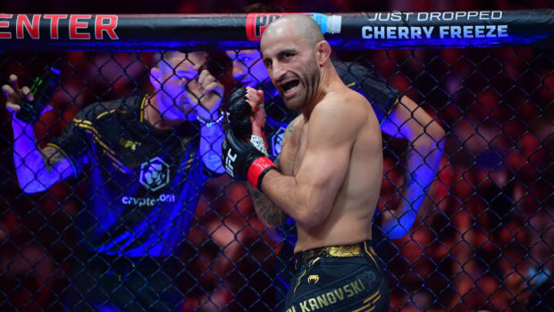 Feb 17, 2024; Anaheim, California, USA; Alexander Volkanovski reacts before fighting against Ilia Topuria during UFC 298 at Honda Center. Mandatory Credit: Gary A. Vasquez-USA TODAY Sports