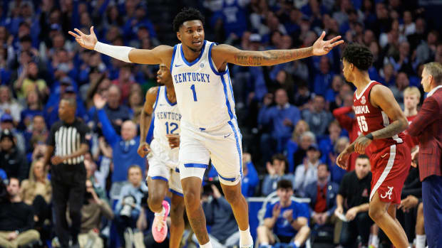 Feb 24, 2024; Lexington, Kentucky, USA; Kentucky Wildcats guard Justin Edwards (1) celebrates after making a basket during the first half against the Alabama Crimson Tide at Rupp Arena at Central Bank Center. Mandatory Credit: Jordan Prather-USA TODAY Sports