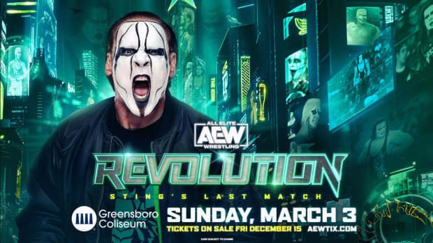 A banner for AEW Revolution 2024, which will feature Sting in the final match of his career.