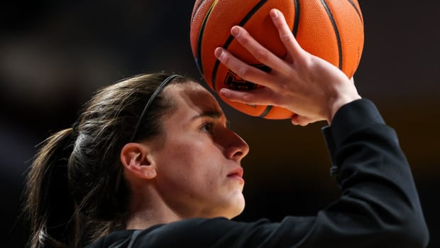 Iowa guard Caitlin Clark warms up before a game.
