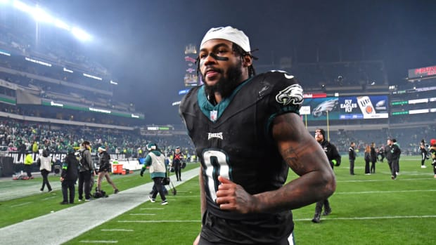 Dec 25, 2023; Philadelphia, Pennsylvania, USA; Philadelphia Eagles running back D'Andre Swift (0) runs off the field after win against the New York Giants at Lincoln Financial Field.
