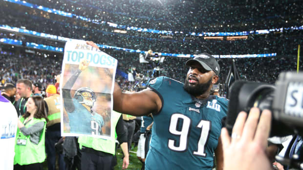 Feb 4, 2018; Minneapolis, MN, USA; Philadelphia Eagles defensive tackle Fletcher Cox (91) celebrates after defeating the New England Patriots to win Super Bowl LII at U.S. Bank Stadium. Mandatory Credit: Kirt Dozier-USA TODAY Sports