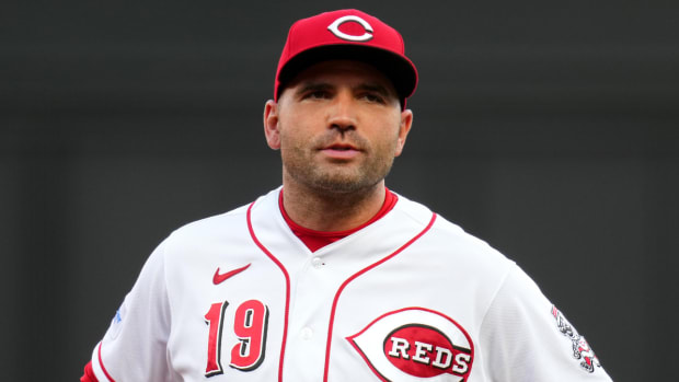 Former Reds first baseman Joey Votto reacts to a play.