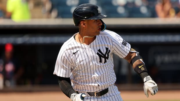 Mar 10, 2024; Tampa, Florida, USA; New York Yankees second baseman Gleyber Torres (25) singles during the third inning against the Atlanta Braves at George M. Steinbrenner Field. Mandatory Credit: Kim Klement Neitzel-USA TODAY Sports