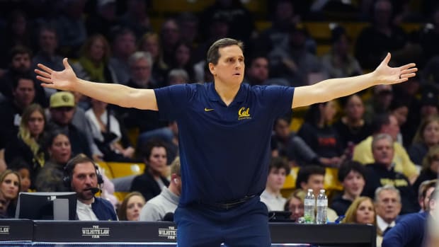 Feb 28, 2024; Boulder, Colorado, USA; California Golden Bears head coach Mark Madsen reacts in the first half against the Colorado Buffaloes at the CU Events Center. Mandatory Credit: Ron Chenoy-USA TODAY Sports