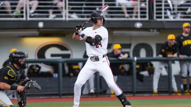 Georgia outfielder Charlie Condon waits for a pitch against the Iowa Hawkeyes.