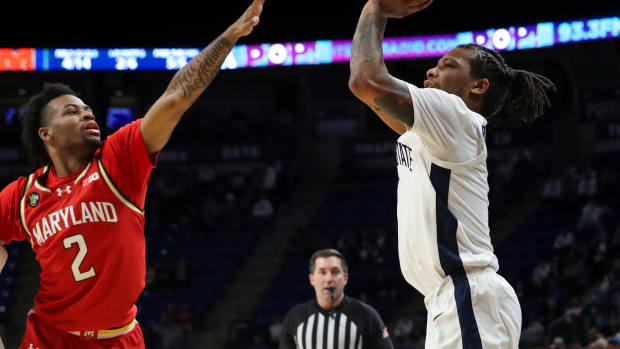 Penn State guard Ace Baldwin Jr. takes a shot against Maryland in a Big Ten men's basketball game at the Bryce Jordan Center.