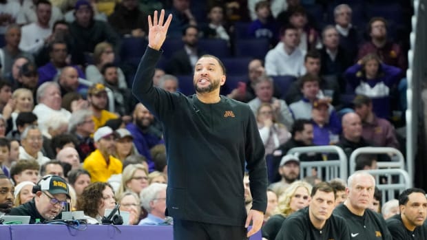 Minnesota head coach Ben Johnson gestures to his team against Northwestern during the first half at Welsh-Ryan Arena in Evanston, Ill., on March 9, 2024.