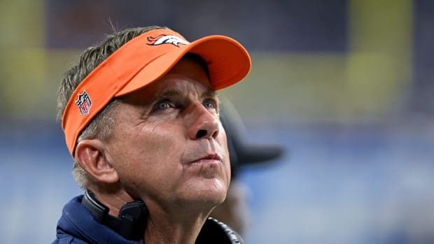 Dec 16, 2023; Detroit, Michigan, USA; Denver Broncos head coach Sean Payton looks at the scoreboard in the fourth quarter against the Detroit Lions at Ford Field. Mandatory Credit: Lon Horwedel-USA TODAY Sports