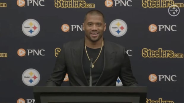 Russell Wilson addresses the media in Pittsburgh.