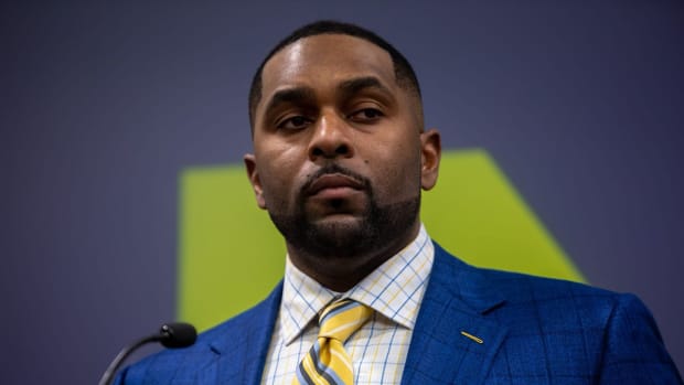 Michigan coach Sherrone Moore during a press conference.