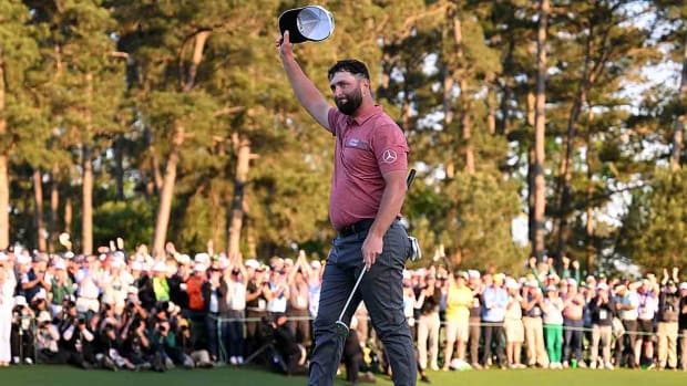 Jon Rahm of Spain celebrates on the 18th green after winning the 2023 Masters at Augusta National Golf Club in Augusta, Ga.