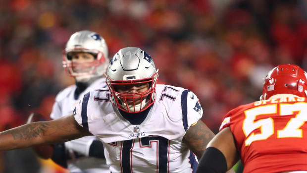 Jan 20, 2019; Kansas City, MO, USA; New England Patriots offensive tackle Trent Brown (77) against the Kansas City Chiefs in the AFC Championship game at Arrowhead Stadium. Mandatory Credit: Mark J. Rebilas-USA TODAY Sports  