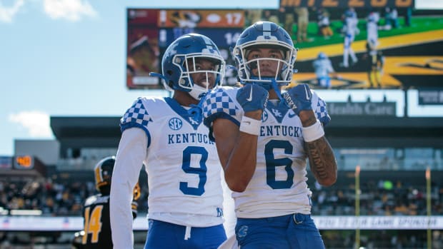 Nov 5, 2022; Columbia, Missouri, USA; Kentucky Wildcats wide receiver Dane Key (6) and Kentucky Wildcats wide receiver Tayvion Robinson (9) celebrate in the end zone after a touchdown during the fourth quarter against the Missouri Tigers at Faurot Field at Memorial Stadium. Mandatory Credit: William Purnell-USA TODAY Sports